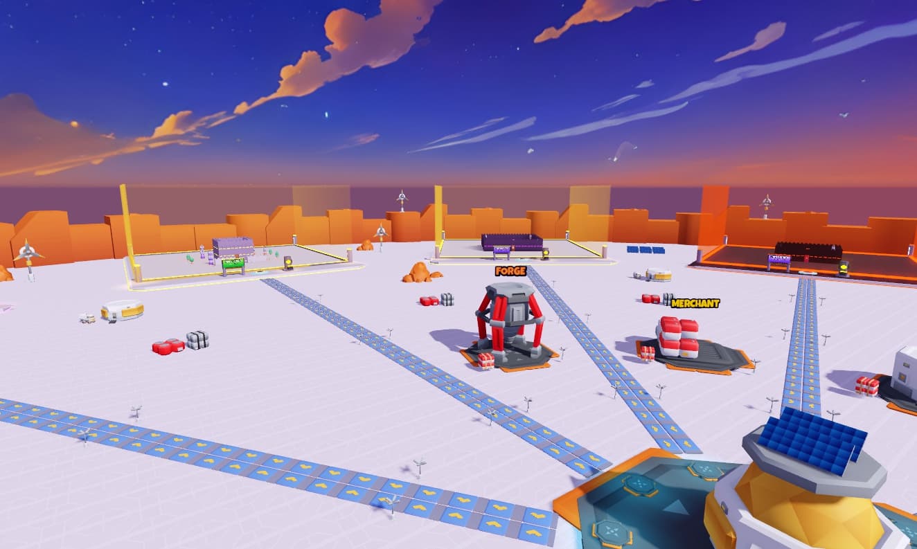 The hub at sunset: the Forge, the Merchant and the plots around them
