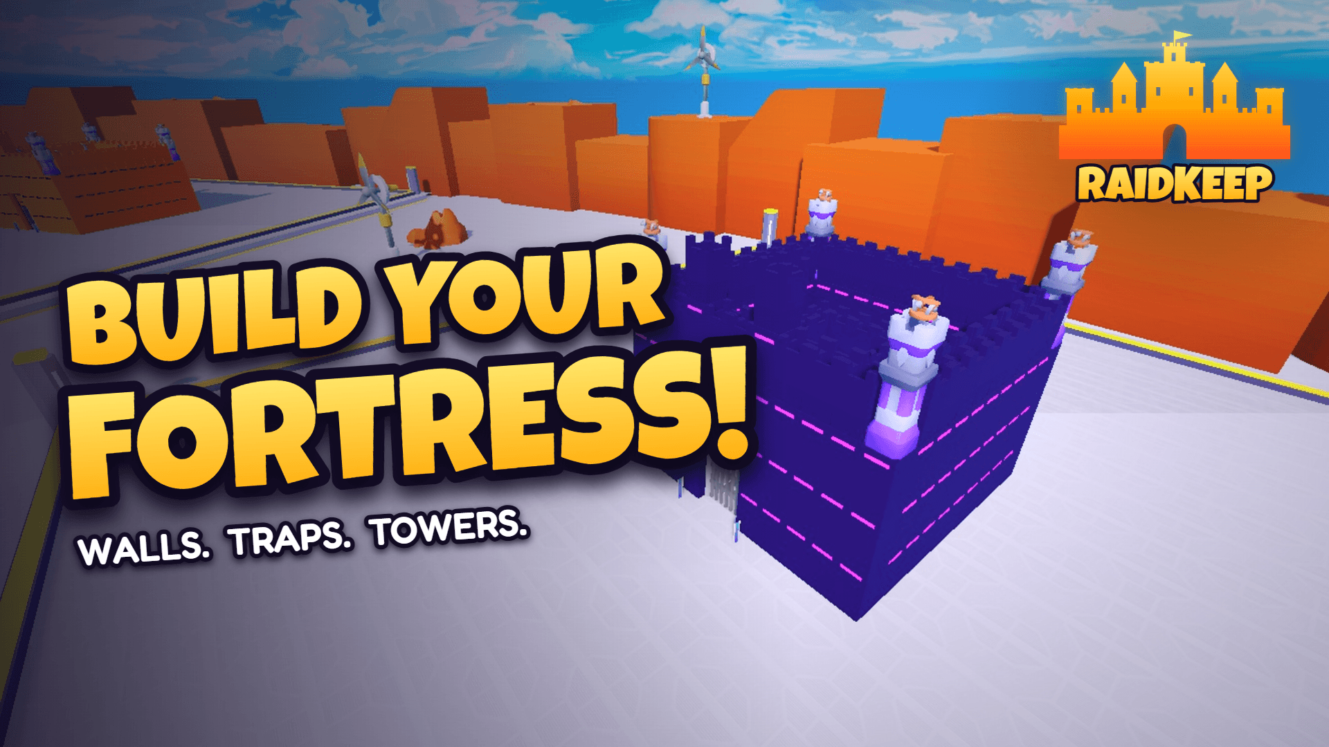 A purple fortress with towers on every corner